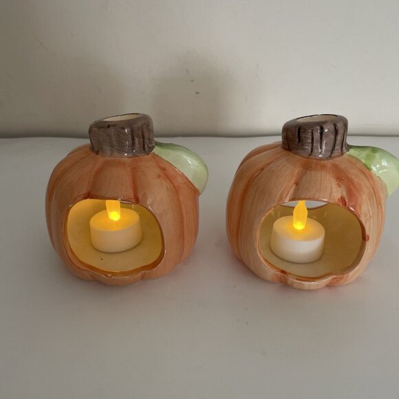 VTG Fortunoff Halloween Pumpkin Votive Candle Holders Jack O Lantern Set Of 2 - Picture 3 of 9